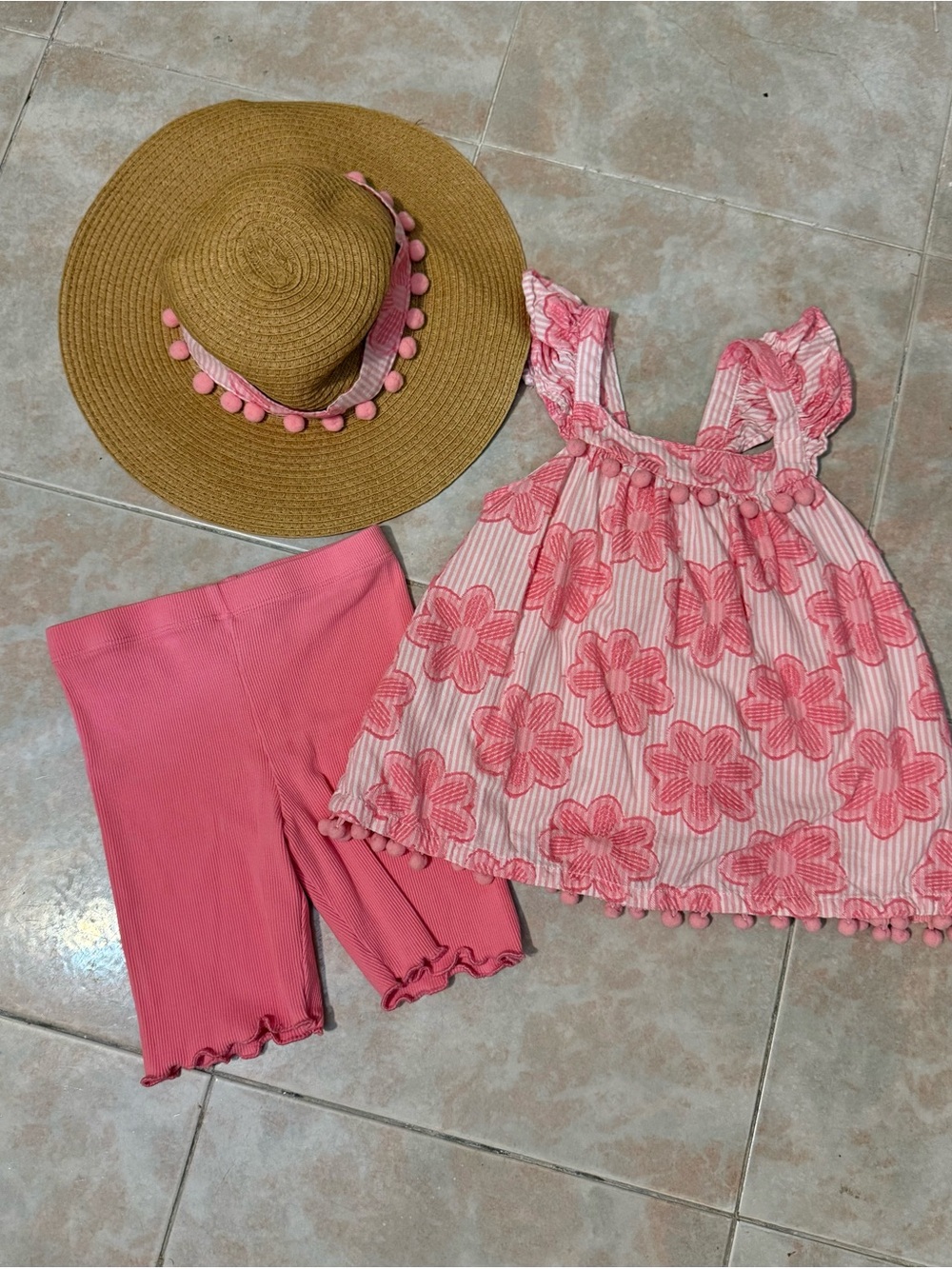 Girls Pink Floral Swing Top & Pink Ribbed Bike Shorts Set